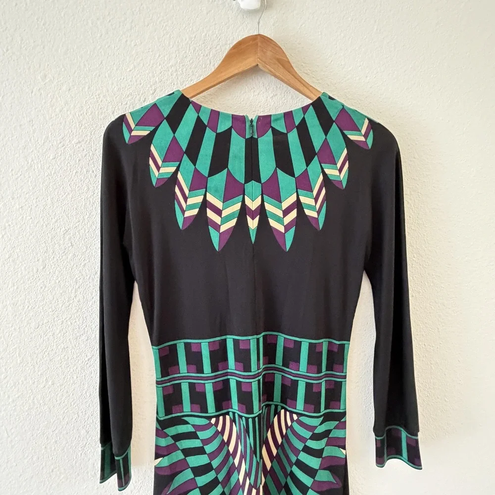 Tory Burch 100% Silk Dress Womens M Black Teal Geometric Aztec Resort Career